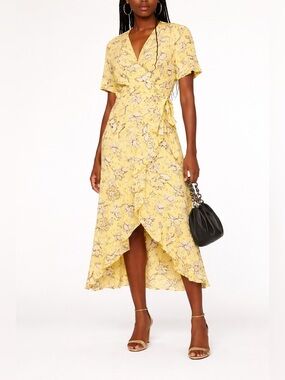 THE KOOPLES Floral Wrap Midi Dress Yellow Ruffle V-Neck Tie Waist